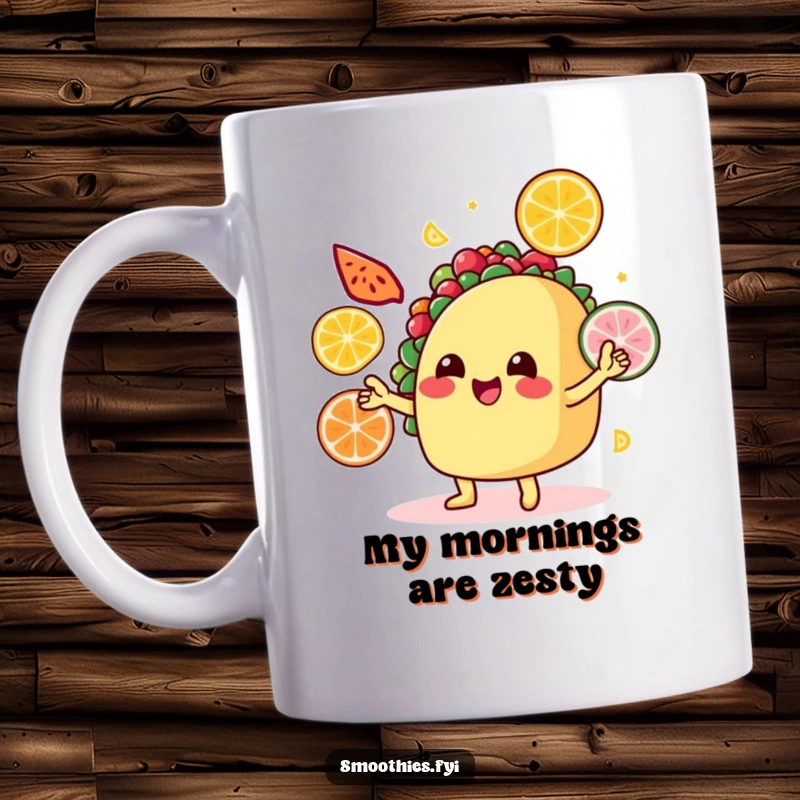 Funny Mug: A smiling taco juggles colorful fruit slices, celebrating flavor and fun with a festive, cheerful vibe.