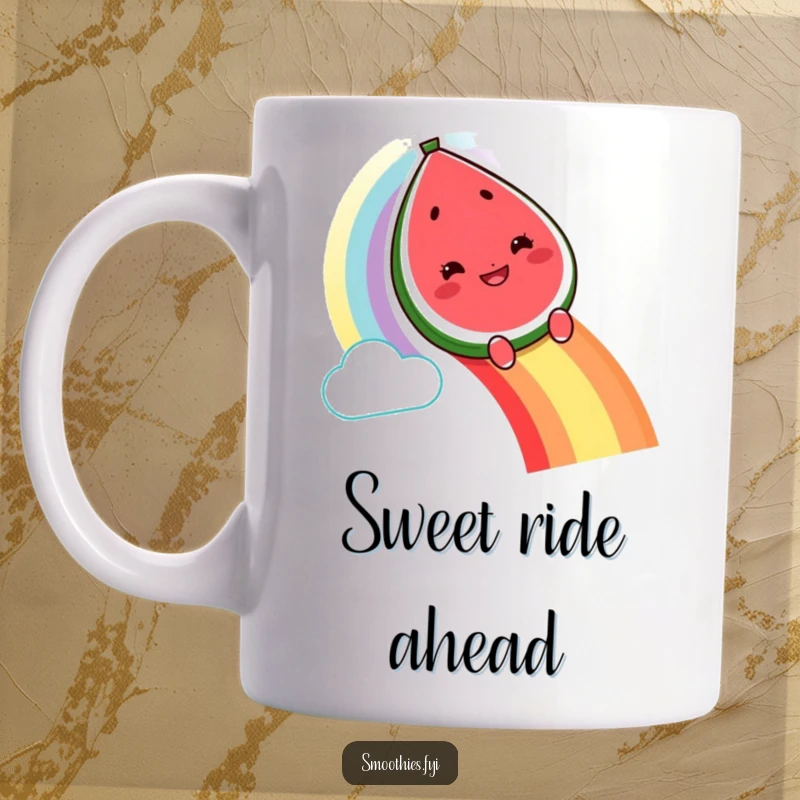 Funny grinning watermelon character mug sliding down a rainbow, joyful and whimsical fruit cartoon.