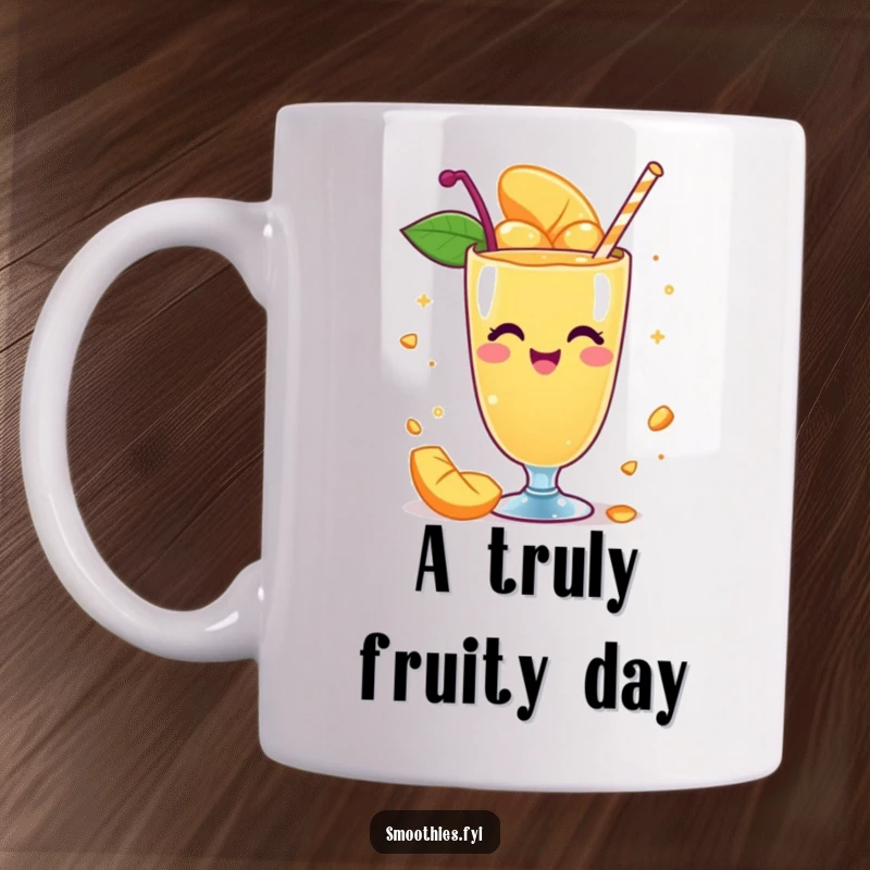 Funny mug showcasing a whimsical mango smoothie character spinning with pure delight, capturing a sense of joyful movement and fun.