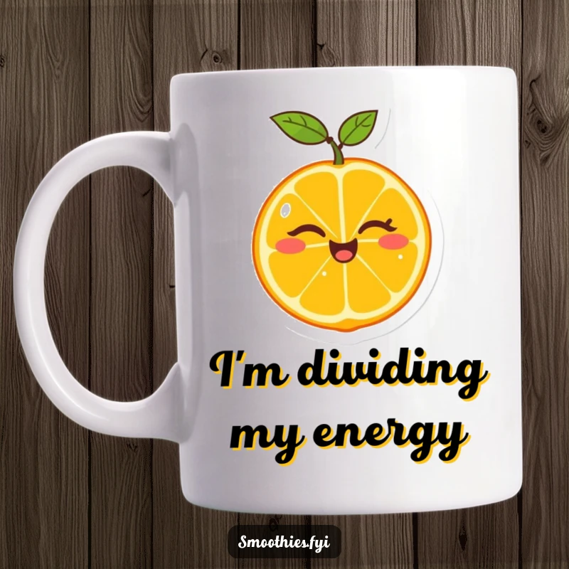 Funny mug featuring a cheerful tangerine splitting itself in half with a proud wink, embodying playful self-confidence and zest.