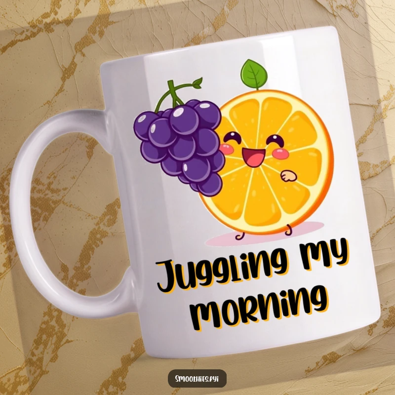 Funny Kawaii Orange Slice Mug juggling miniature grapes with a big grin, radiating cheerful energy. A citrusy delight gift.