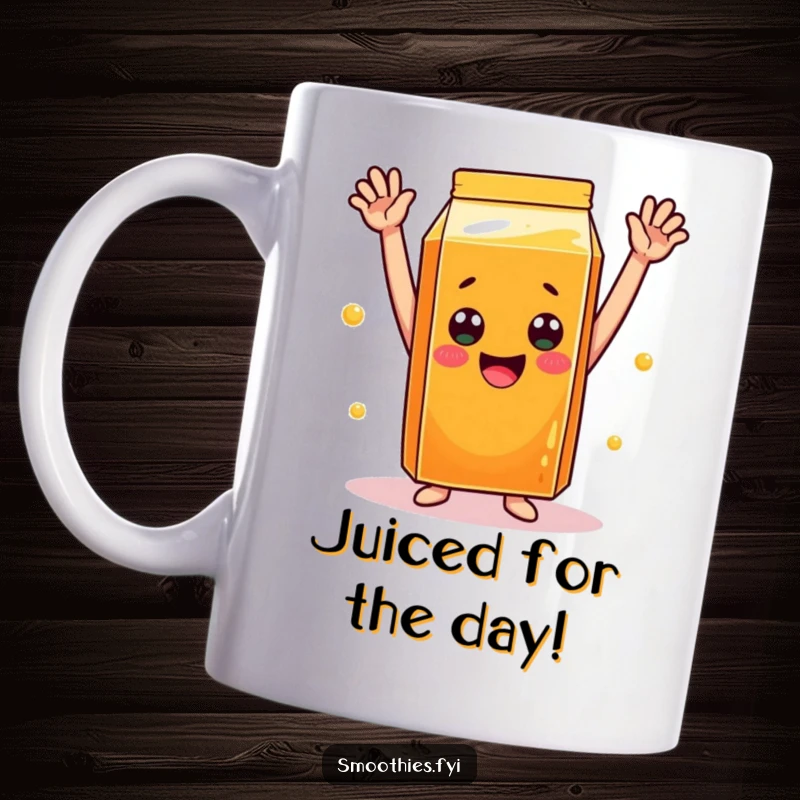 Funny orange juice carton mug with arms raised in a celebratory pose, radiating cheer and morning energy.