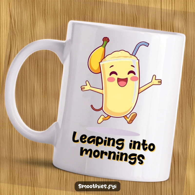 Funny mug depicting a happy anthropomorphic banana smoothie mid-air performing a joyful leap, full of zest and cheer.