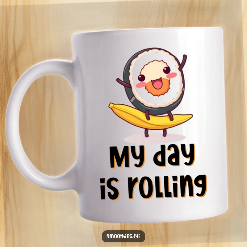 Funny Mug: A cheerful sushi roll performs a cartwheel on a slippery banana peel, embodying a fun and unexpected moment.