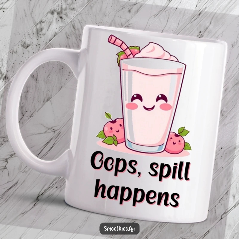 Funny Mug: A cheerful Kawaii smoothie joyfully spills its drink, showing a wide smile and embracing the mess.
