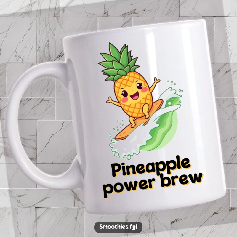 Funny pineapple character happily surfing on a crest of a delicious smoothie wave.