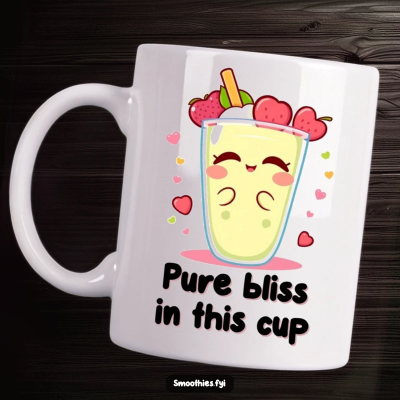 Funny Kawaii smoothie mug, character with closed eyes blissfully enjoying a fruity delight spin, pure happiness and flavor.