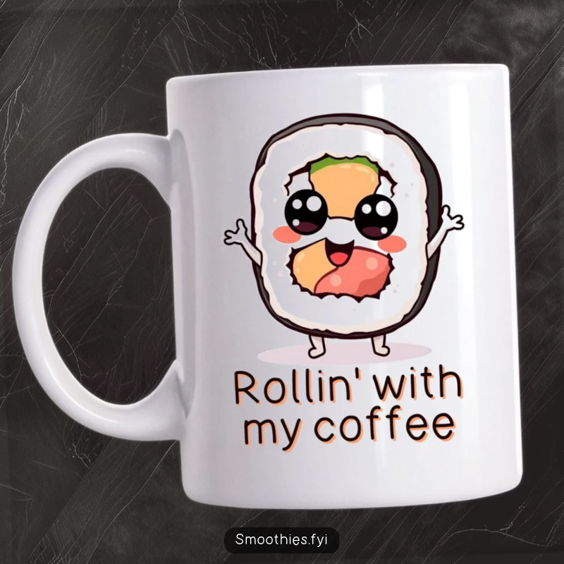 Funny sushi roll mug with big googly eyes doing a silly jig, bringing joy and humor to every sip.