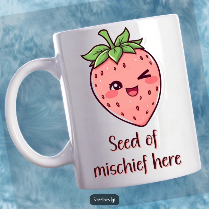 Funny mug featuring a cheerful strawberry character winking playfully, ready to deliver a dose of fruity fun and a smile.