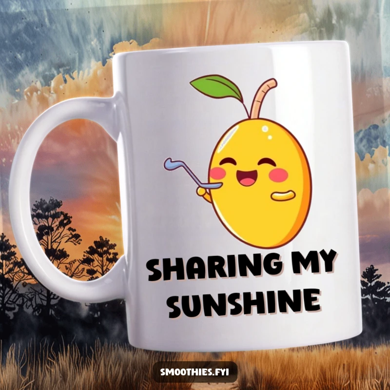 Funny laughing mango character sharing a smoothie with a tiny spoon, perfect for coffee or tea.