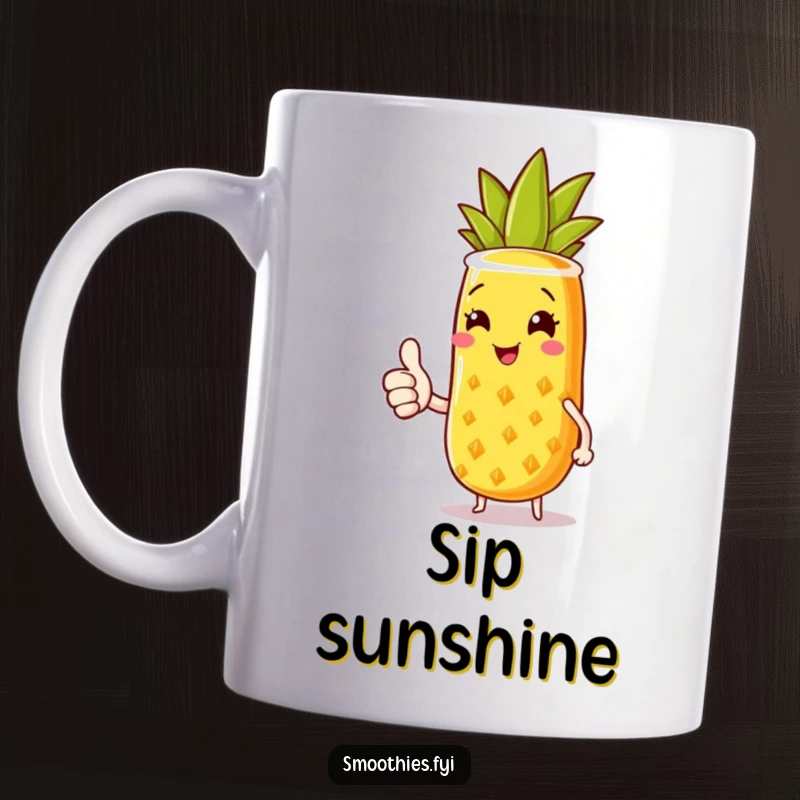 Funny mug showcasing a joyful pineapple smoothie character with a sunny smile, giving a thumbs up, radiating happiness and tropical vibes.