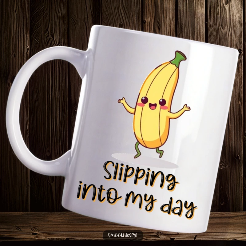 Funny Kawaii Banana Peel Mug doing a silly dance with wobbly legs, radiating goofy energy. A cheerful gift for banana lovers.