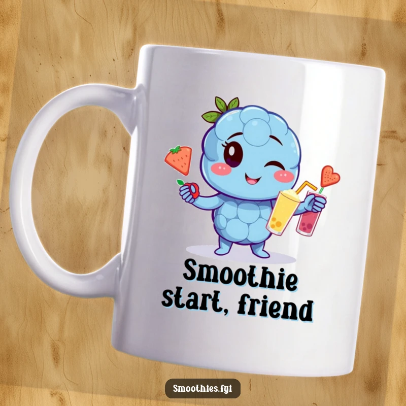 Funny winking blueberry character mug juggling three fruit smoothies, skillful and cheerful fruit cartoon.