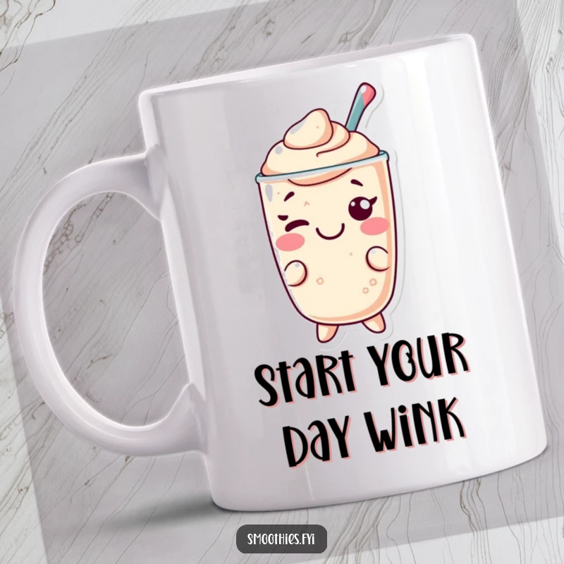 Funny Kawaii smoothie mug, character with a cheerful expression giving a playful wink, friendly and humorous.