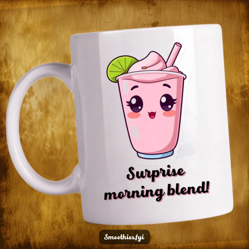 Funny mug with a surprised kawaii smoothie character with wide eyes, bursting from a cup, capturing humorous, delightful shock for a gift.