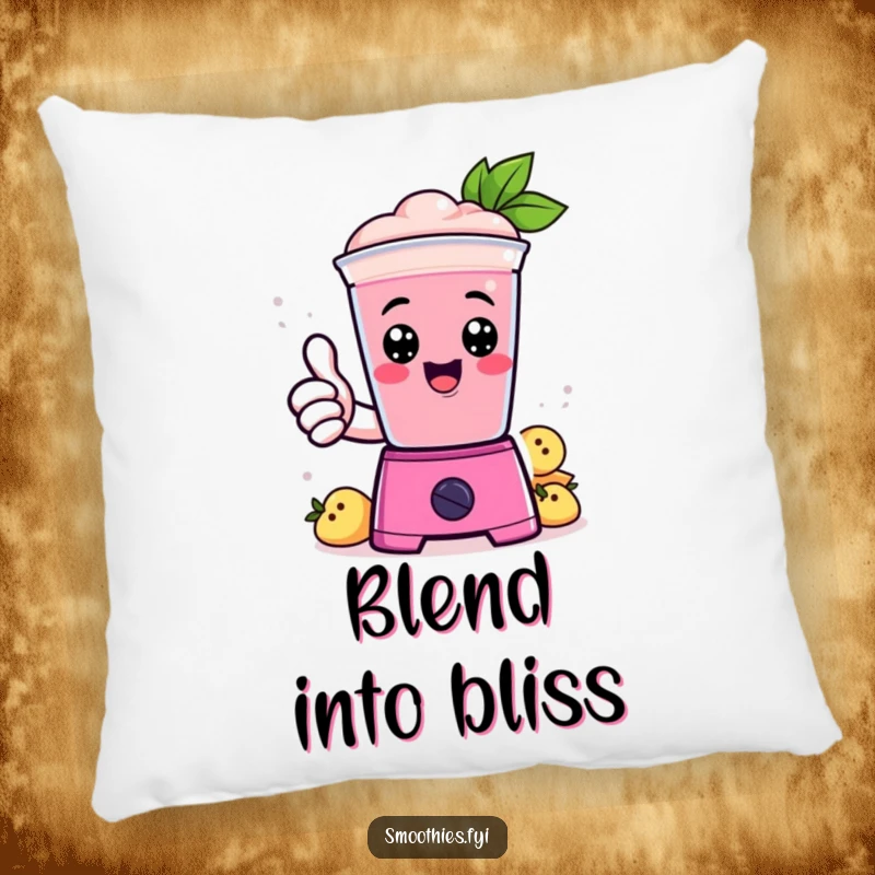 Funny Pillow: A cute Kawaii smoothie gives a thumbs up from inside a blender, offering comfort and smiles.
