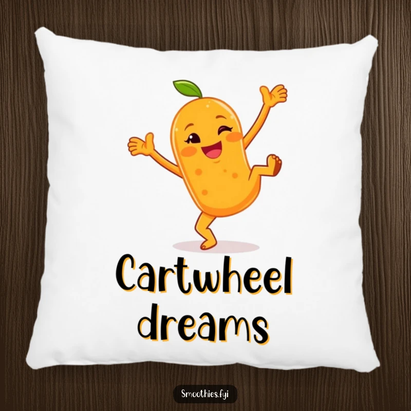Funny decorative pillow with a cheerful anthropomorphic orange smoothie doing cartwheels with a wink, offering comfort and a sense of playful energy.