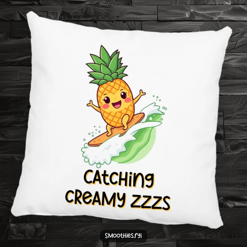 Funny pineapple character riding a smoothie wave, featured on a soft and decorative tropical pillow.