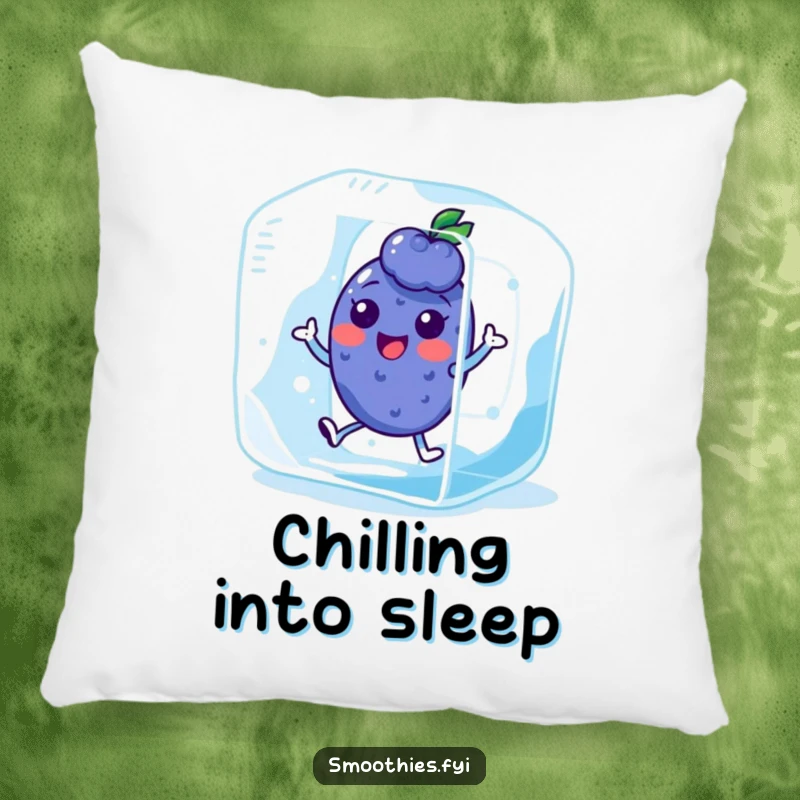 Funny Kawaii Blueberry Pillow featuring a character hopping in an ice cube. Offers comfort and a dose of cool humor.