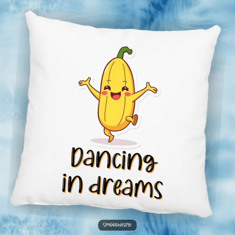 Funny happy banana character pillow dancing with leg kicks, soft and funny fruit decor.