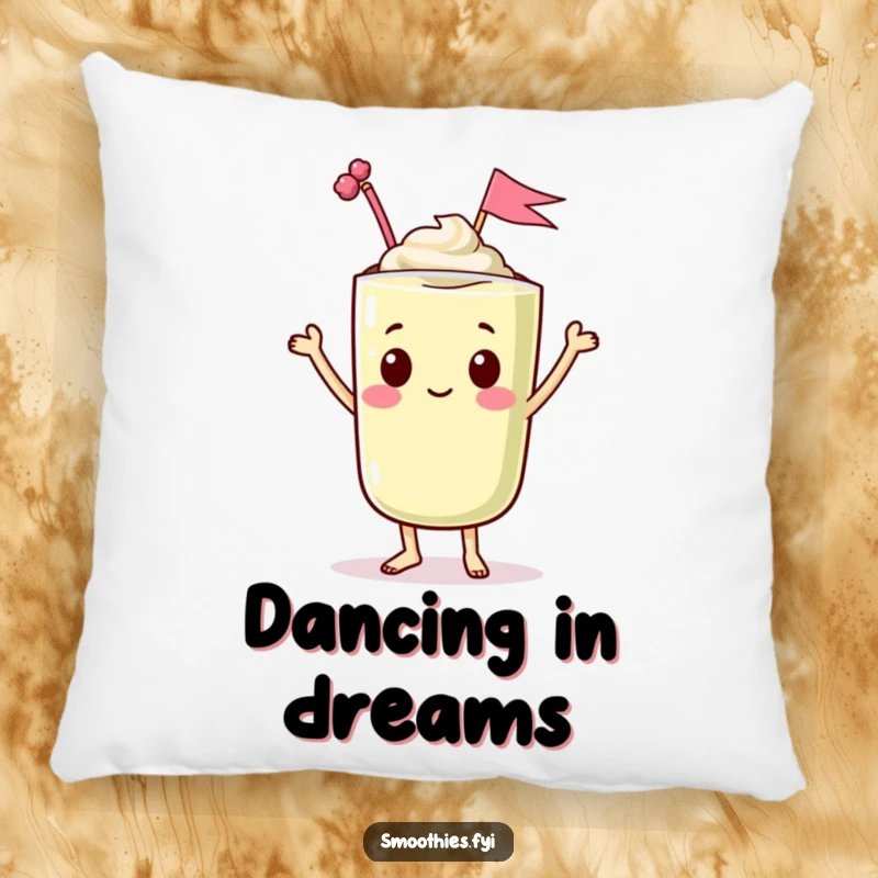 Funny pillow with a dancing kawaii smoothie character waving a tiny flag, providing humorous comfort and festive cheer.