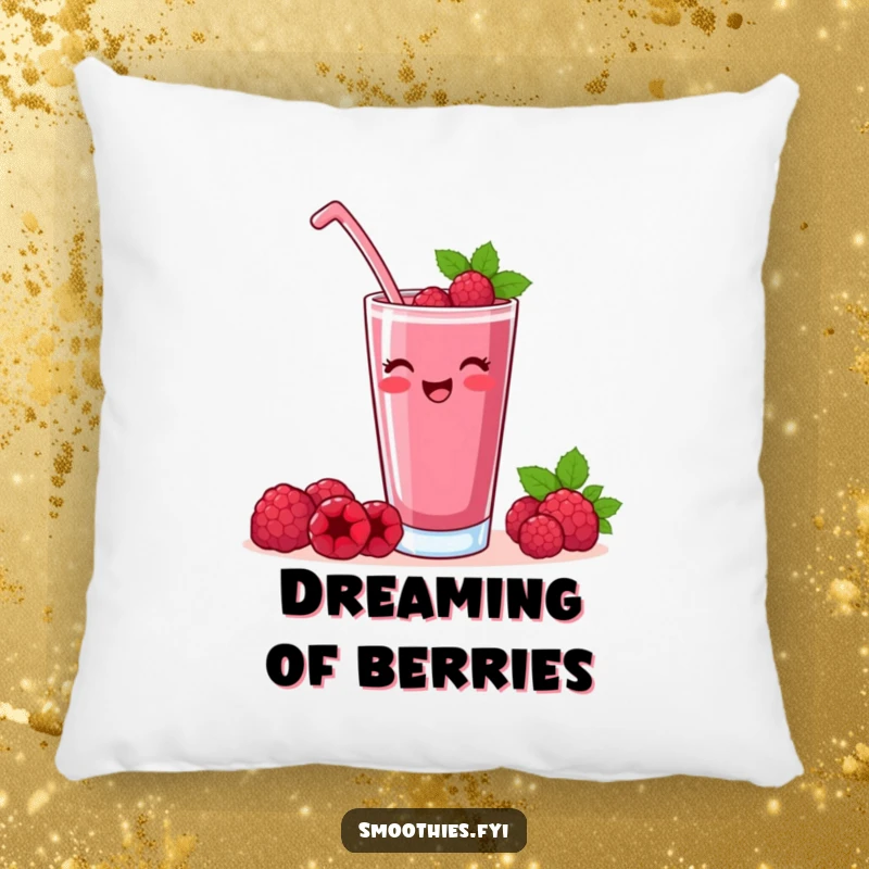 Funny raspberry smoothie pillow featuring a contented character raising a glass, perfect for cozy moments.