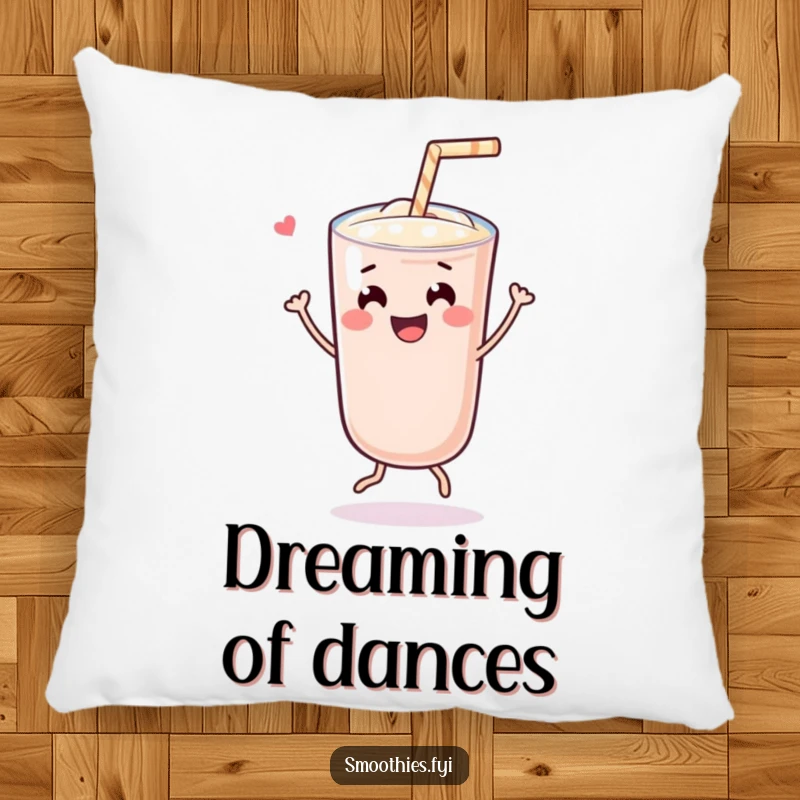 Funny cheerful Kawaii smoothie character doing a joyful dance with a straw, bringing vibrant, happy vibes to a soft, decorative pillow.