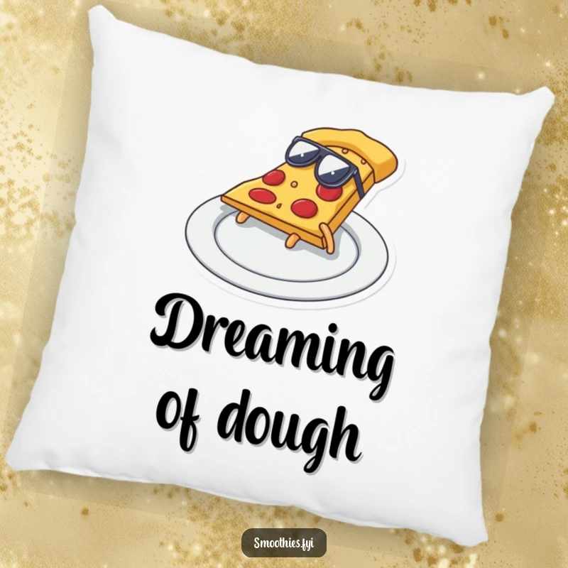 Funny pizza slice wearing sunglasses, cool sliding on a plate, a cozy and humorous pillow.