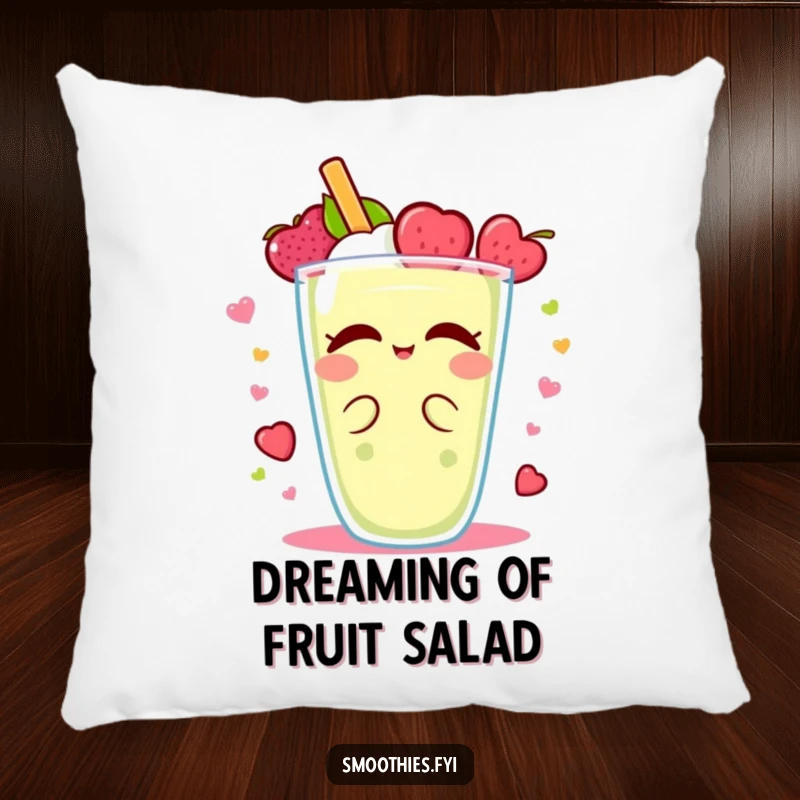 Funny Kawaii smoothie pillow, character in a joyful fruity spin, soft and humorous decorative accent.
