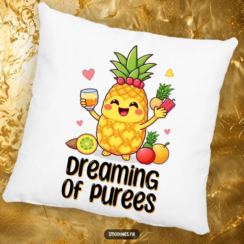 Funny jolly pineapple character blending fruits, perfect for a comfy pillow, adding cheer.