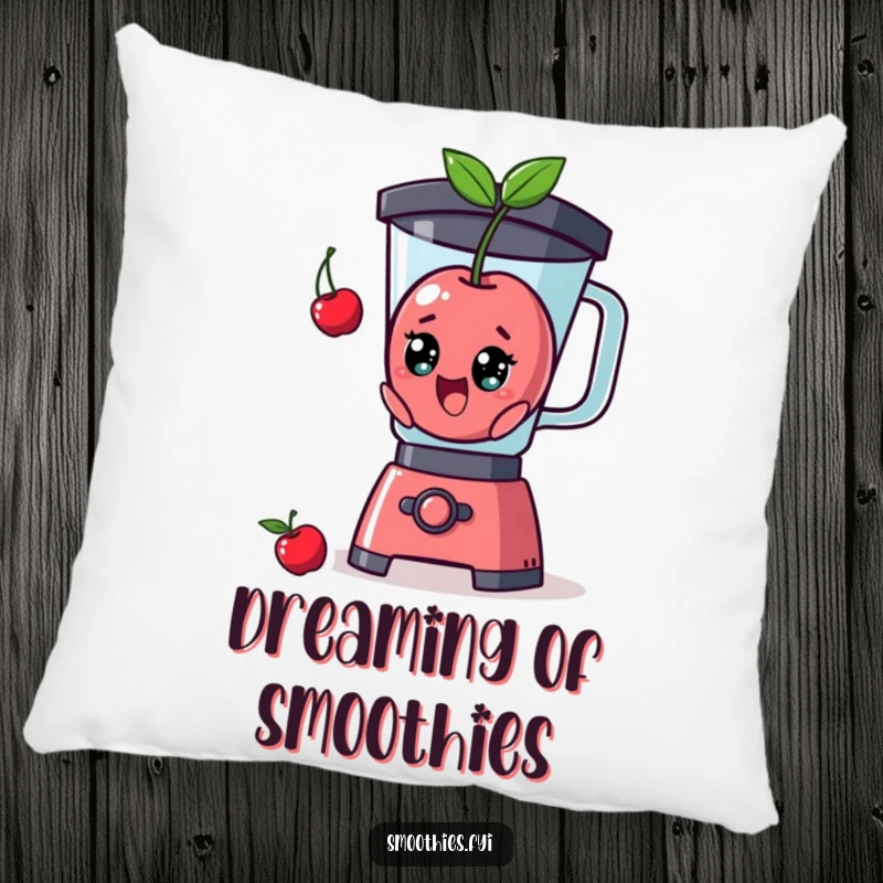 Funny cherry character comically emerging from a blender, printed on a soft pillow for humorous home decor.