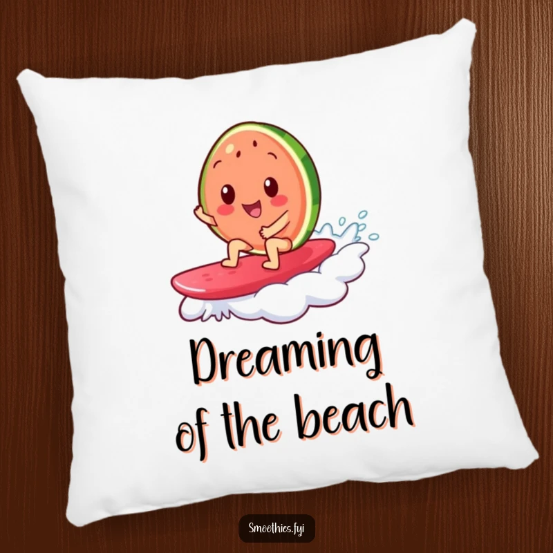 Funny pillow featuring a cheerful watermelon slice surfing on a jelly wave, adding whimsical decor and cozy beach comfort.
