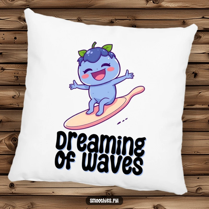 Funny laughing blueberry surfs a giant spoon like a surfboard on a pillow, providing soft comfort and humorous escapism.