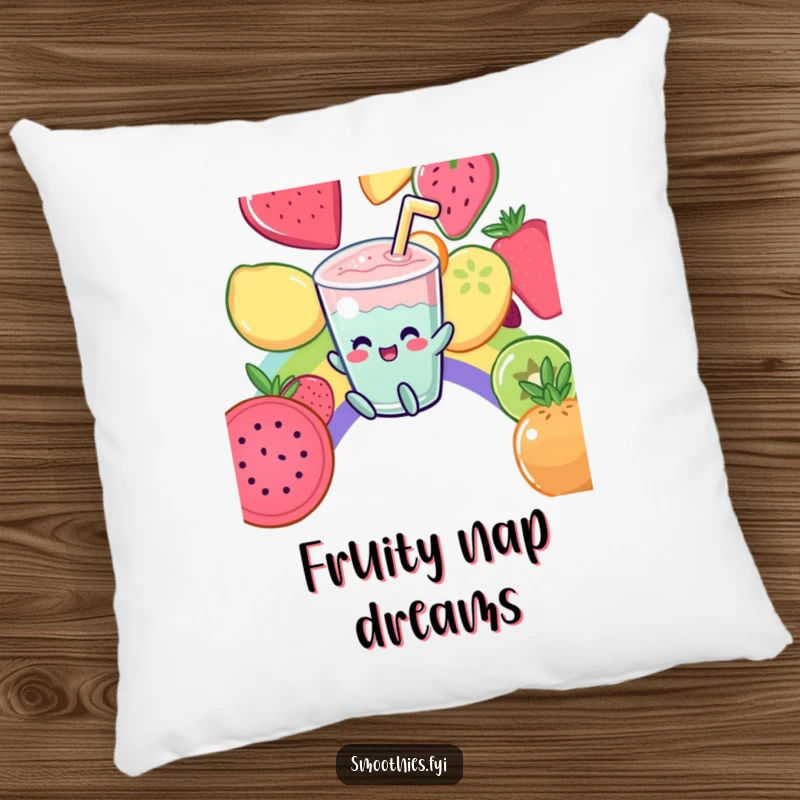 Funny Pillow: A cute Kawaii smoothie giggles while sliding down a fruit rainbow, offering soft comfort.