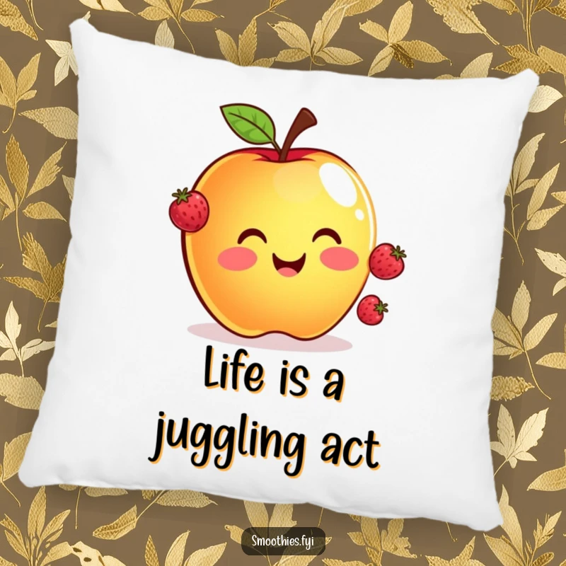 Funny pillow featuring a smiling apple juggling three tiny floating berries, adding a touch of whimsical decor and comfort.