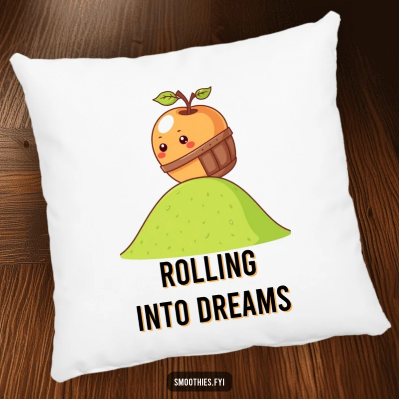 Funny kawaii apple pillow showing an apple rolling down a hill in a miniature barrel, perfect for cozying up.