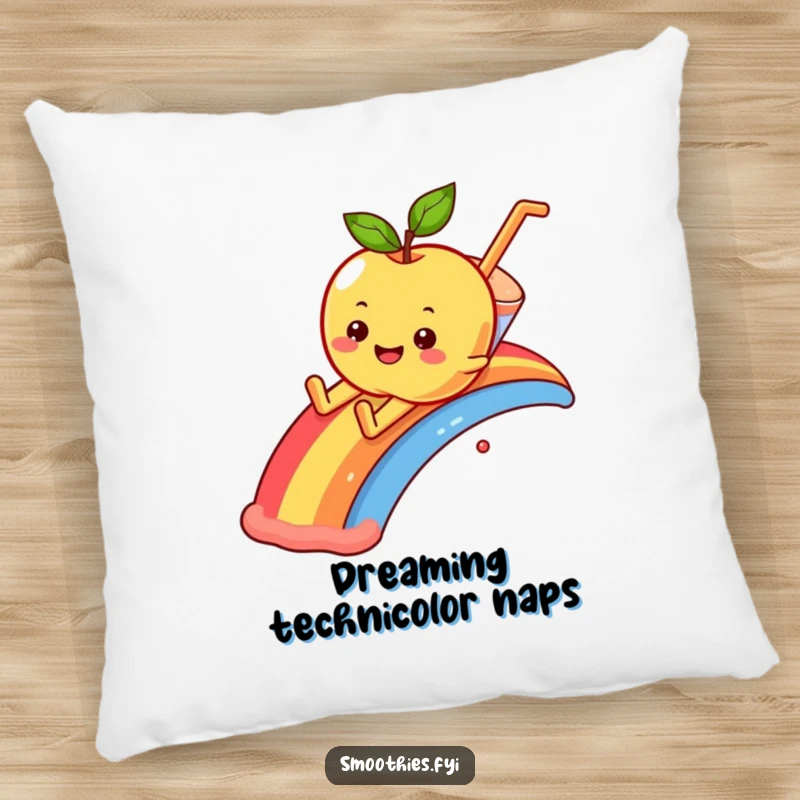 Funny smiling apple character sliding down a rainbow into a smoothie, perfect for a comfy pillow.