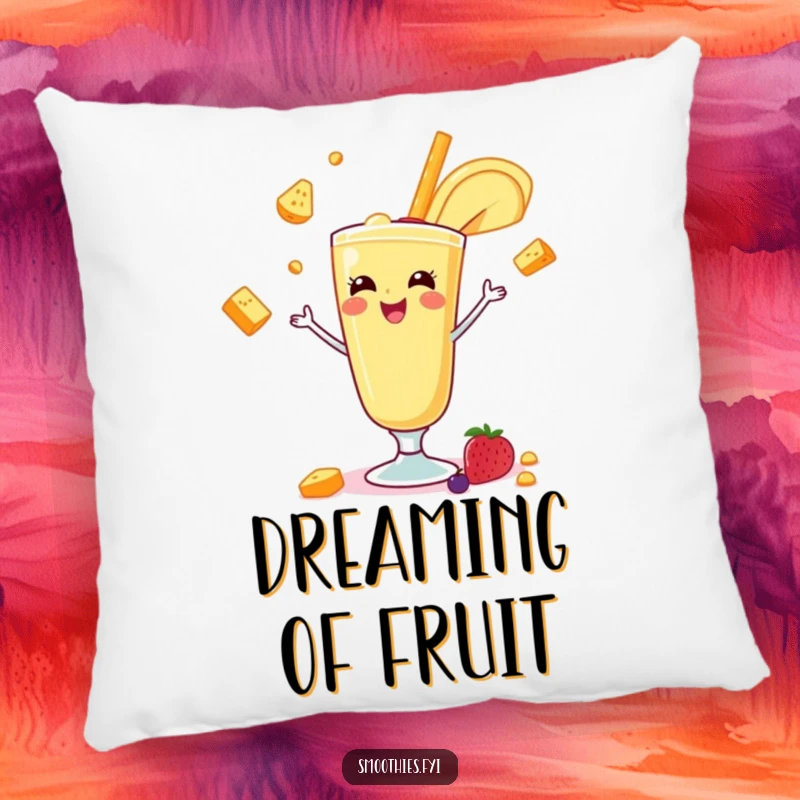 Funny banana smoothie character juggling fruits on a soft pillow, bringing comfort and humor to any room. A funny gift.