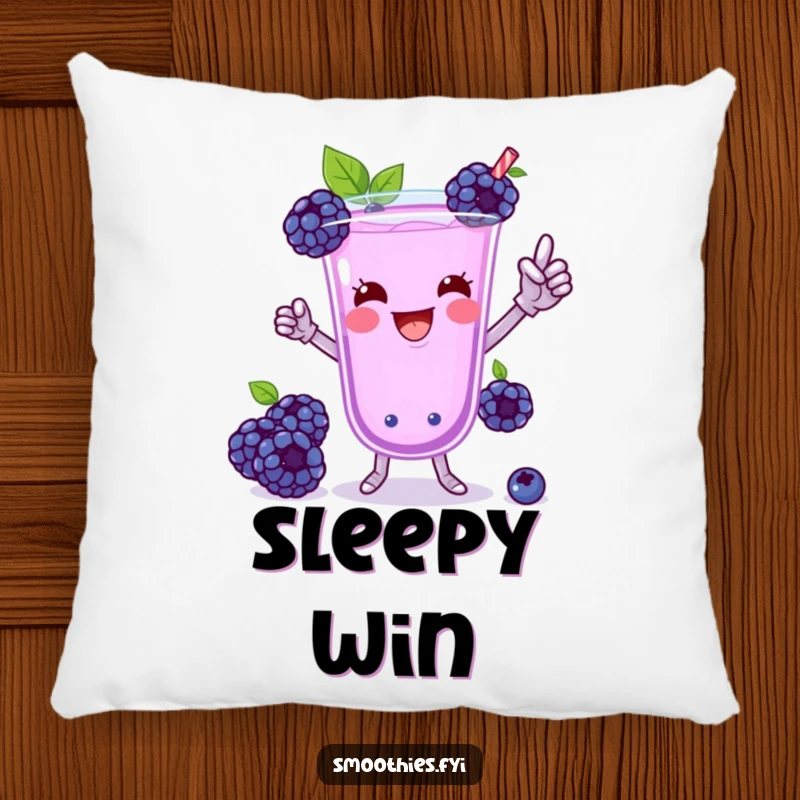 Funny Blueberry Smoothie Victory Dance Pillow: A playful blueberry smoothie in a silly victory dance, offering cozy humor.