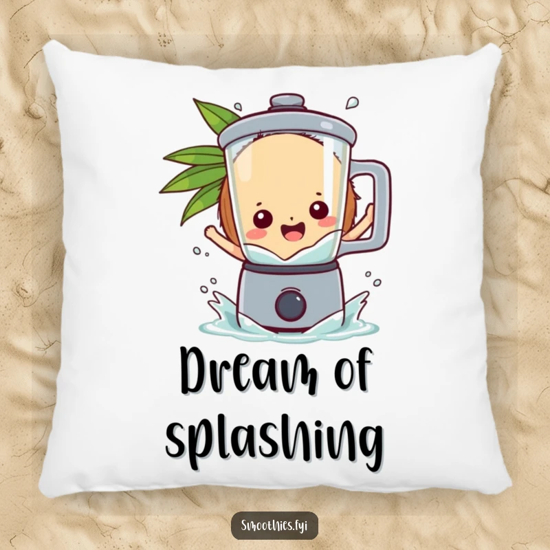 Funny coconut character splashing gleefully into a blender, making this pillow a soft and humorous accent.
