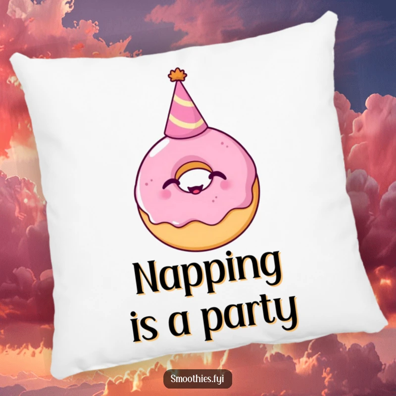 Funny Pillow: A giggling donut sporting a party hat offers plush comfort and a side of sweet, festive humor, perfect for lounging.