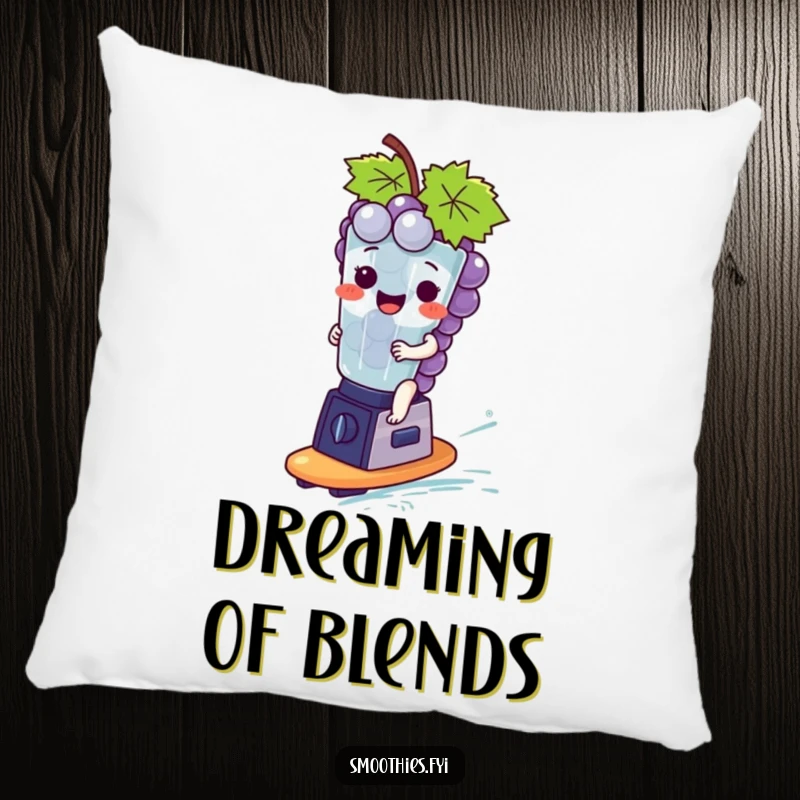 Funny giggling grape bunch character surfing a blender, making this pillow a comfy and funny accent.
