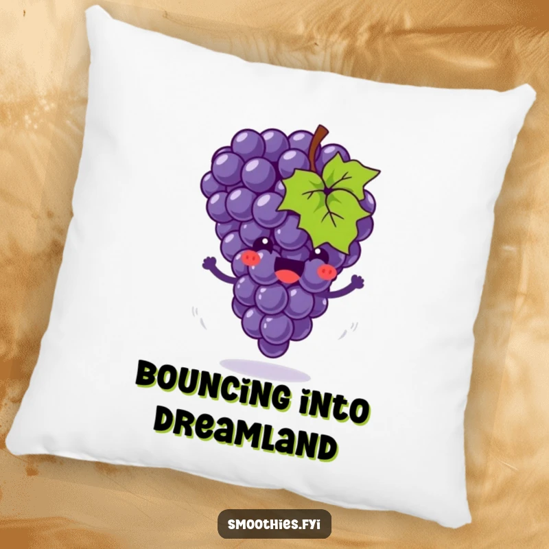 Funny pillow featuring a joyful grape cluster bouncing with little motion swirls, adding whimsical decor and cozy comfort.