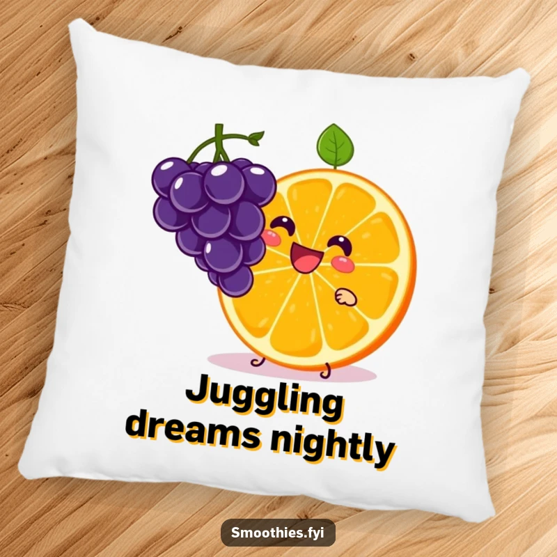 Funny Kawaii Orange Slice Pillow featuring a cute character juggling grapes. Offers comfort and a dose of zesty humor.