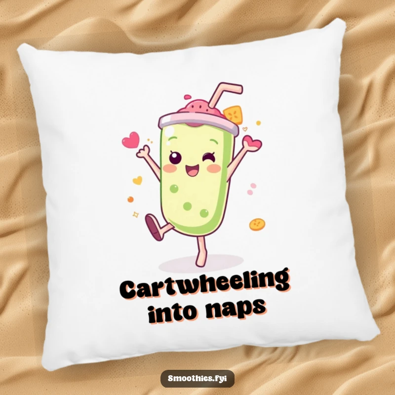 Funny Kawaii smoothie pillow, character doing a cartwheel with a splash of flavor, soft and humorous accent.