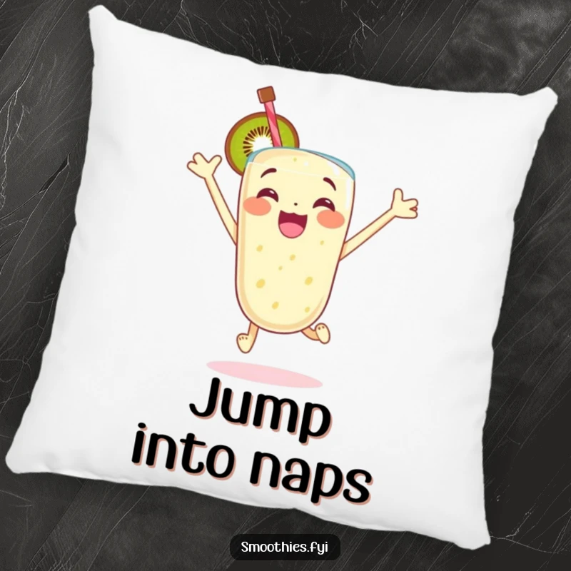 Funny pillow with an excited kiwi smoothie character jumping with glee, offering cozy comfort and cheerful decor.