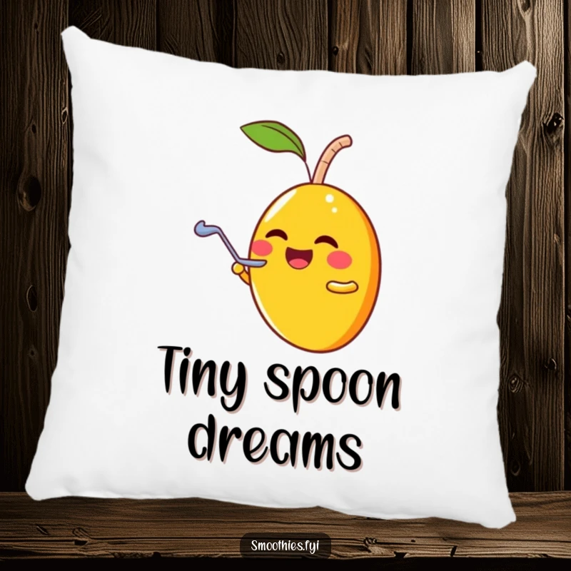 Funny laughing mango character sharing a smoothie with a tiny spoon, featured on a soft decorative pillow.