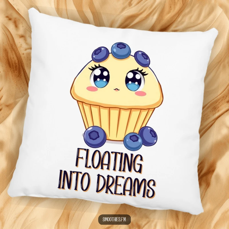 Funny Blueberry Muffin Pillow featuring a surprised muffin with wide eyes, floating upwards, perfect for cozying.