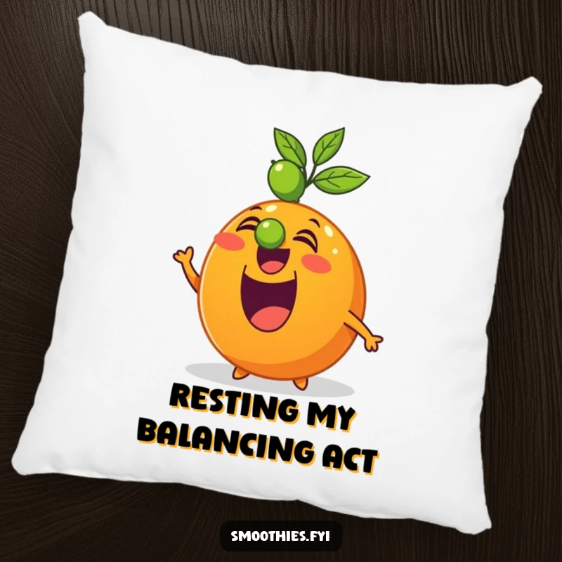 Funny pillow featuring a happy orange character focused on balancing a lime on its nose, soft and huggable.