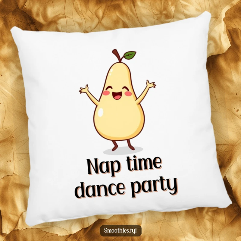Funny pillow featuring a smiling pear doing a silly dance with flailing arms, adding whimsical decor and cozy comfort.